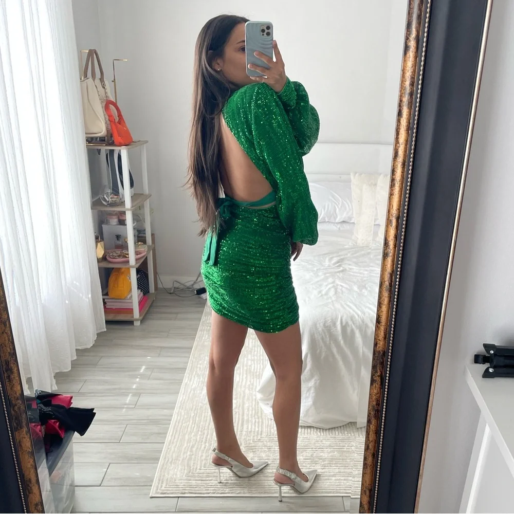 PrettyLittleThing Emerald Green Sequin Open Back Mini Dress | Size 0